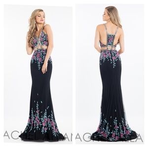Rachel Allan NWT Women's 8 Black Beaded Maxi Dress Formal Event Party Pink Blue